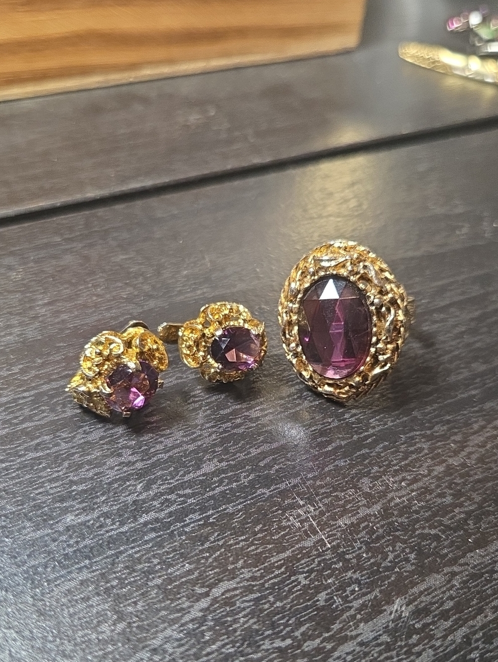 Purple Glass Cabochon Ring and Earrings Set